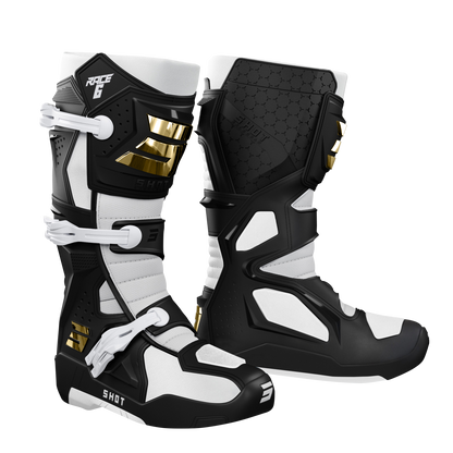 BOTAS MOTO SHOT RACE 6 BLACK WHITE GOLD MOTOCROSS ENDURO